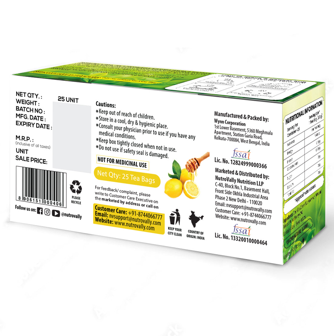 NutroVally Green Tea Bag Honey Lemon Flavor Tea Bags