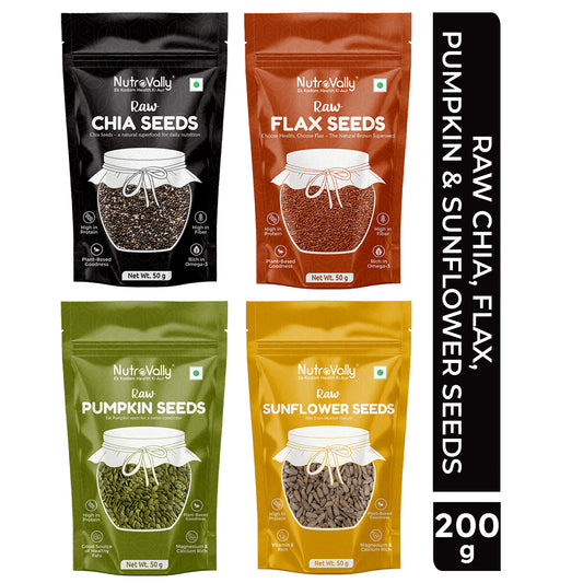 NutroVally Raw Chia Seeds, Flax Seeds, Pumpkin Seeds & Sunflower Seeds Combo Pack 200g | Superfood Mix | High Protein | Omega 3 Rich | High Fiber | Healthy Snack | Weight Management | Vegan & Gluten Free