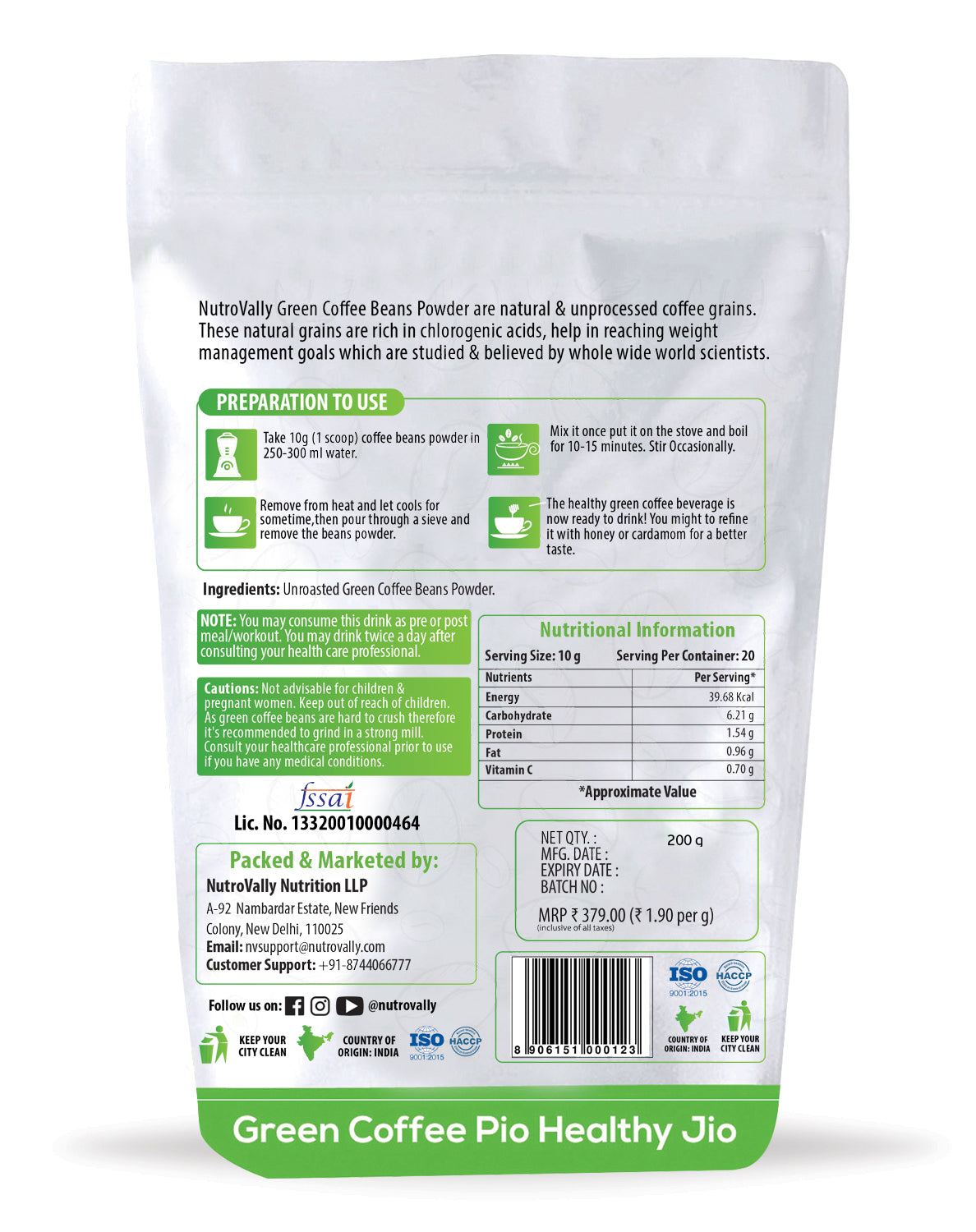 NutroVally Unroasted Arabica Green Coffee Beans Powder