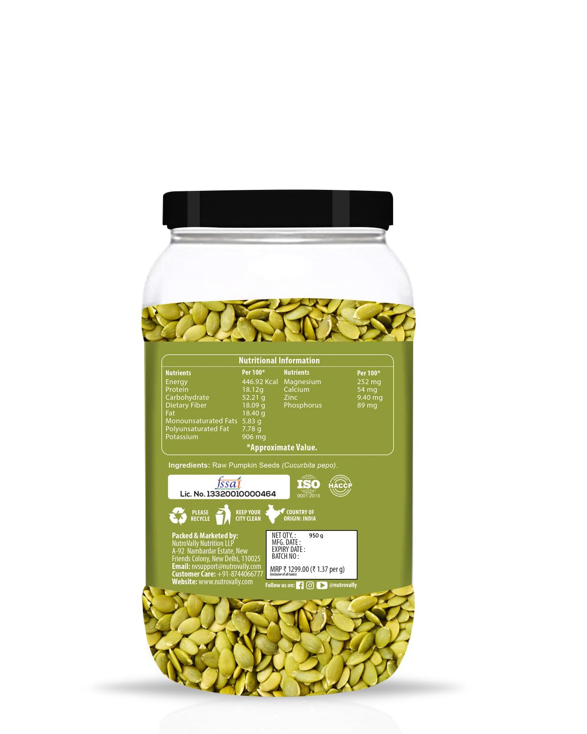NutroVally Pumpkin Seeds Loaded with Fiber and Zinc - 950g