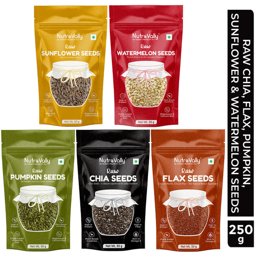 NutroVally Raw Super Seeds Combo Pack 250g | Chia Seeds, Flax Seeds, Pumpkin Seeds, Sunflower Seeds & Watermelon Seeds | High Protein, High Fiber, Omega 3 Rich | Healthy Snack | Weight Management | Immunity & Fitness Food