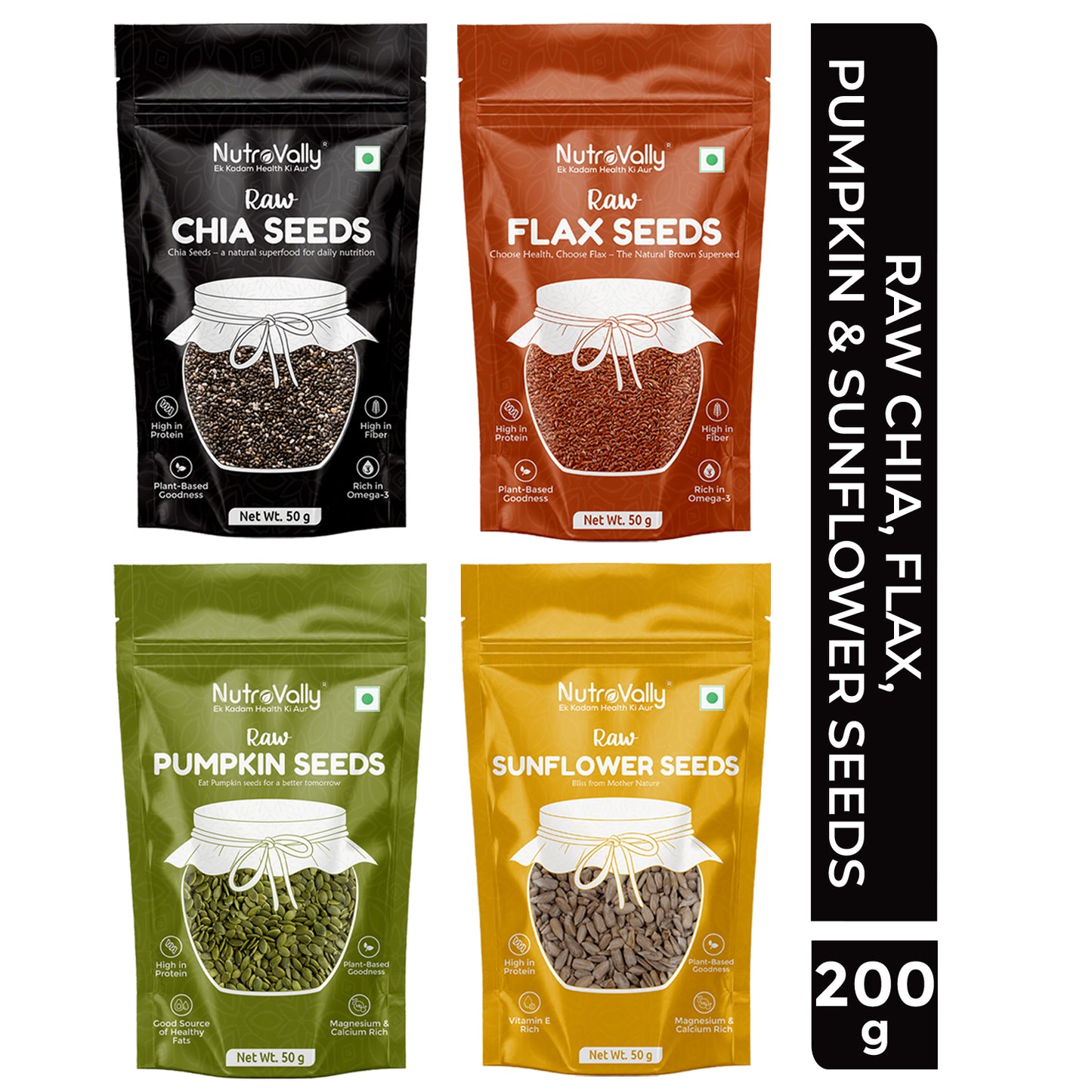 NutroVally Raw Chia Seeds, Flax Seeds, Pumpkin Seeds & Sunflower Seeds Combo Pack 200g | Superfood Mix | High Protein | Omega 3 Rich | High Fiber | Healthy Snack | Weight Management | Vegan & Gluten Free