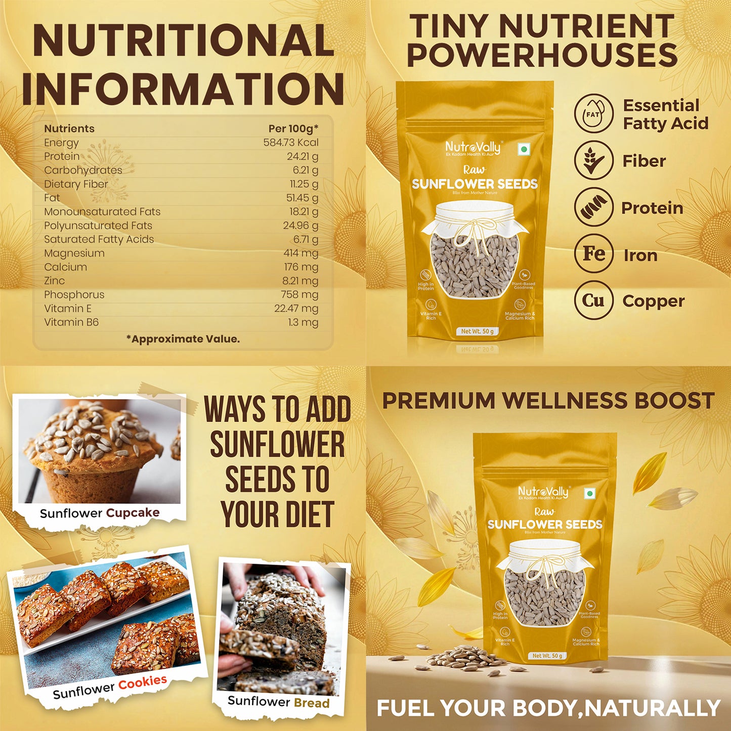 NutroVally Raw Super Seeds Combo Pack 250g | Chia Seeds, Flax Seeds, Pumpkin Seeds, Sunflower Seeds & Watermelon Seeds | High Protein, High Fiber, Omega 3 Rich | Healthy Snack | Weight Management | Immunity & Fitness Food