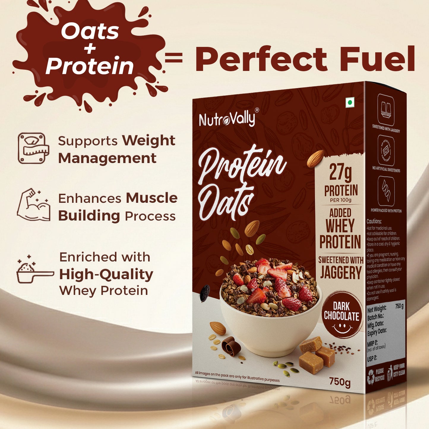 NutroVally 27g Protein Oats | Dark Chocolate Healthy Breakfast Oats for Weight Loss